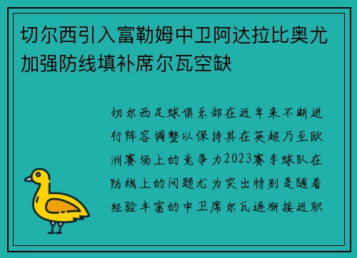 切尔西引入富勒姆中卫阿达拉比奥尤加强防线填补席尔瓦空缺