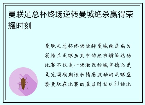曼联足总杯终场逆转曼城绝杀赢得荣耀时刻 曼联足总杯终场逆转曼城绝杀赢得荣耀时刻