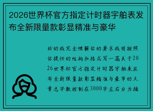 2026世界杯官方指定计时器宇舶表发布全新限量款彰显精准与豪华 2026世界杯官方指定计时器宇舶表发布全新限量款彰显精准与豪华